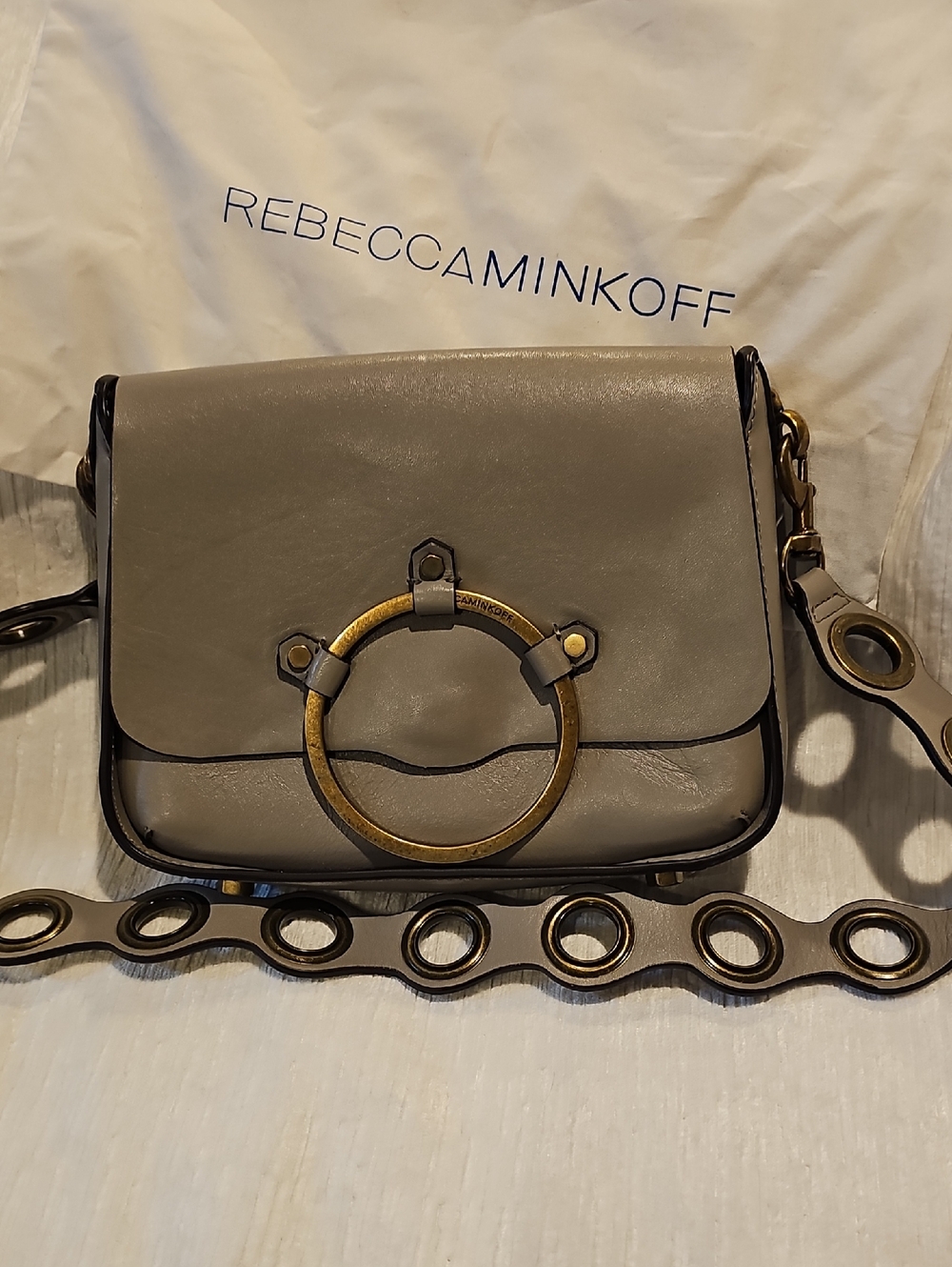 Rebecca Minkoff Taupe Leather Ring-Detail Crossbody